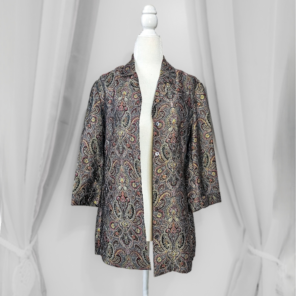 Vintage Chicos Design Metallic Paisley Lightweight Overcoat Blazer Jacket